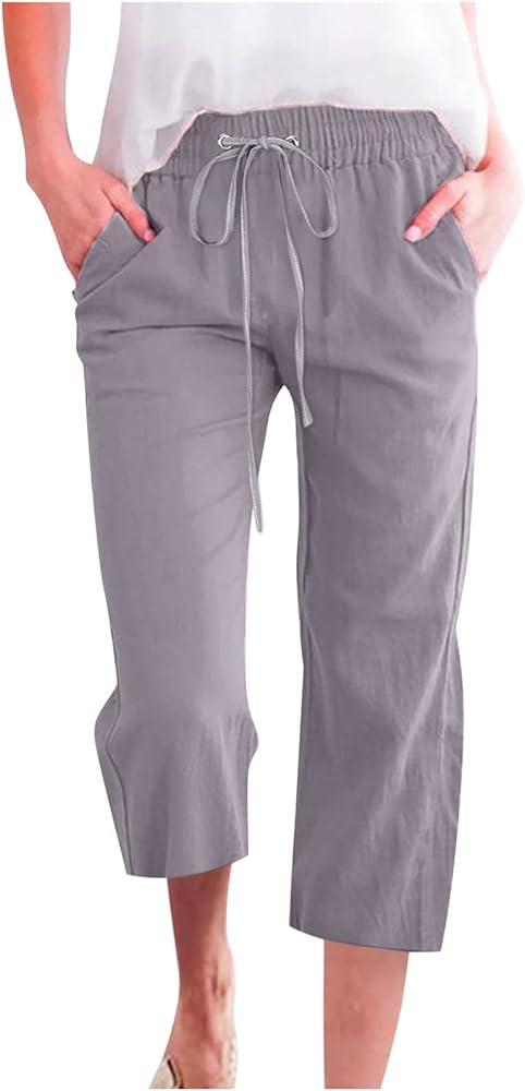 SMIDOW Capri Pants for Women Casual 2023 Summer Drawstring Elastic High Waist Linen Pant Straight Wide Leg Cropped Trouser