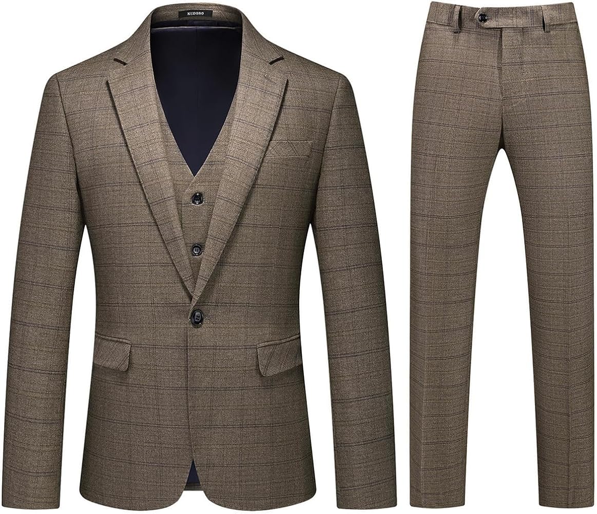 Mens 3 Piece Suits Slim Fit Tweed Suit Plaid Slim Fit Suits for Men One Button Suit Tuxedo Set