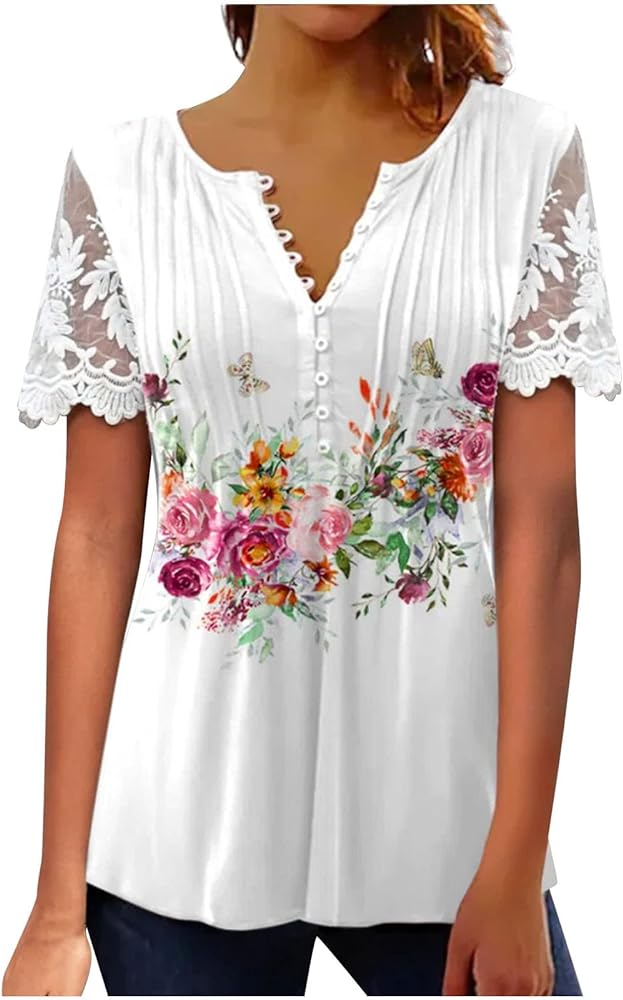 SMIDOW Tops for Women Casual Spring 2023 Trendy Bohemian Floral Print t-Shirt Lace Short Sleeve Henley v Neck Tunic Blouse