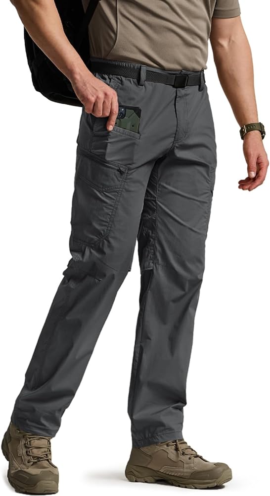 CQR Men's Cool Dry Tactical Pants, Water Resistant Outdoor Pants, Lightweight Stretch Cargo/Straight Work Hiking Pants