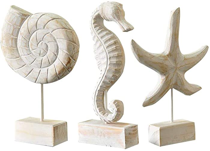 Creproly 3Pcs Modern Wood Sculpture Home Decor Statue Starfish Conch Seahorse Figurines Beach Nautical Style Table Sculptures Home Decor