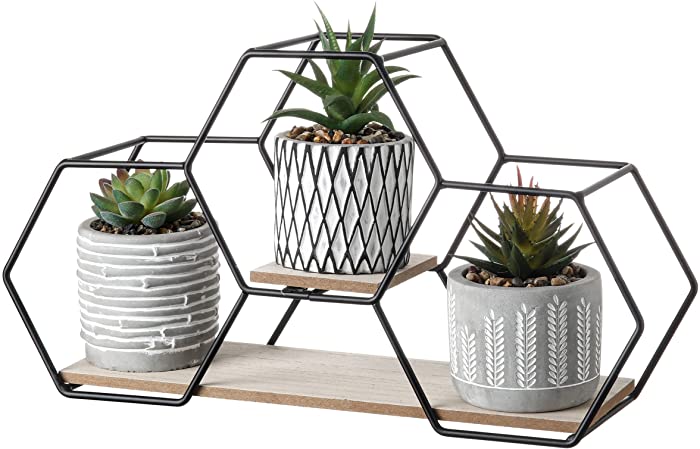 TERESA'S COLLECTIONS Modern Artificial Potted Plants with Wood and Metal Shelf for Home Decor, Assorted Faux Succulents in Geometric Ceramic Planter for Table, Office, Living Room Decoration-Set of 3