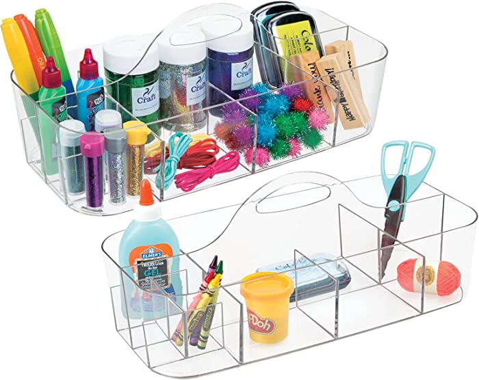 mDesign Plastic Divided Art and Craft Storage Organizer Caddy Tote Bin with Handle for Home Office and Living Room - Holds Pencils, Crayons, Sewing Supplies - Lumiere Collection, 2 Pack, Clear