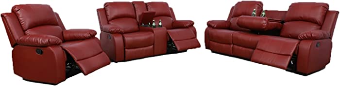 Lifestyle Furniture 3-Pieces Reclining Living Room Sofa Set,Recliner Couch Set, Bonded Leather,Red GS2895 (3pcs)