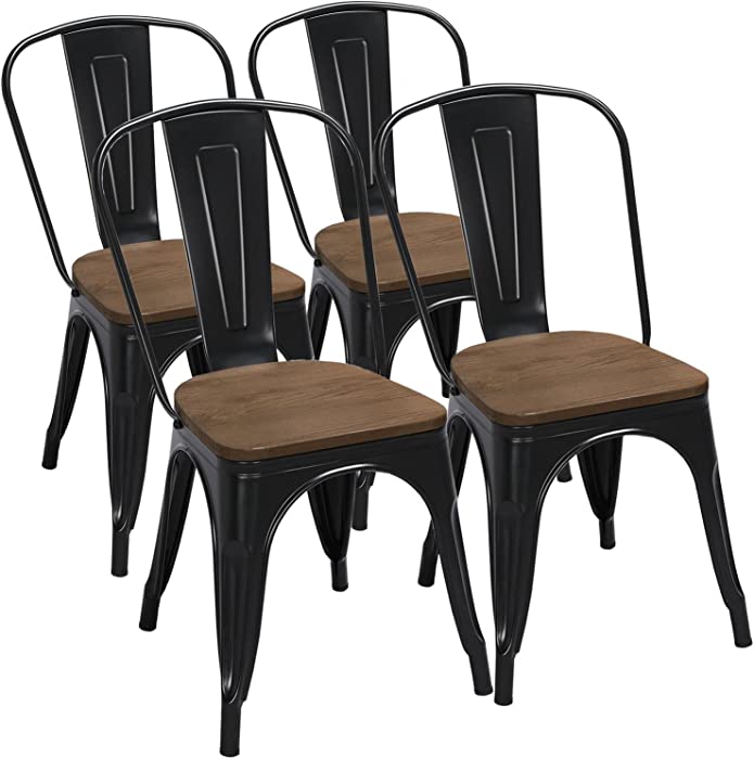 Yaheetech 18 Inch Classic Iron Metal Dinning Chair with Wood Top/Seat Indoor-Outdoor Use Chic Dining Bistro Cafe Side Barstool Bar Chair Coffee Chair Set of 4 Black