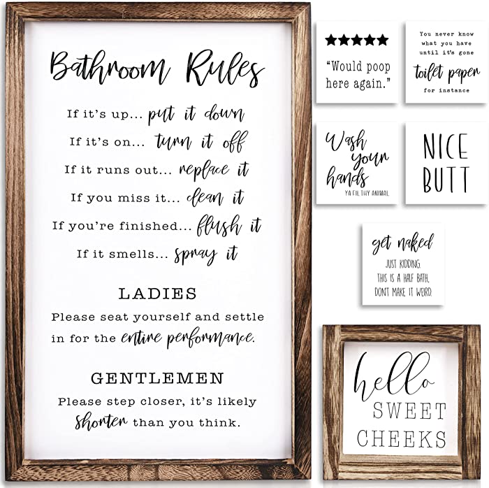 Farmhouse Bathroom Decor Set of 2 - 8 Interchangeable Wall Decorations w/ Hilarious Sayings and Rustic Frame - Instantly Create a Fun Filled Bathroom In Your Home