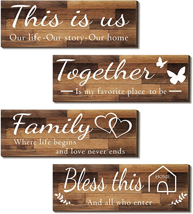 4 Pieces Home Wall Decor Signs, THIS IS US/ TOGETHER/ BLESS THIS HOME/ FAMILY Wall Decor For Living Room Bedroom, Rustic Wooden Farmhouse Wall Art Decor, 4.7 x 13.8 Inch(Brown)