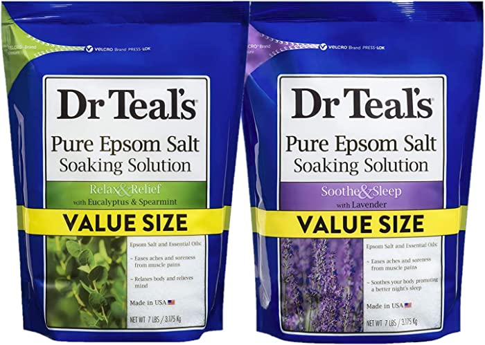 Dr Teal's Pure Epsom Salt Value Size Combo Pack (14lbs Total) - Eucalyptus and Lavender Scents - Two 7 lb Bags - Bath Soak Salts with Essential Oils - Value Size Bundle