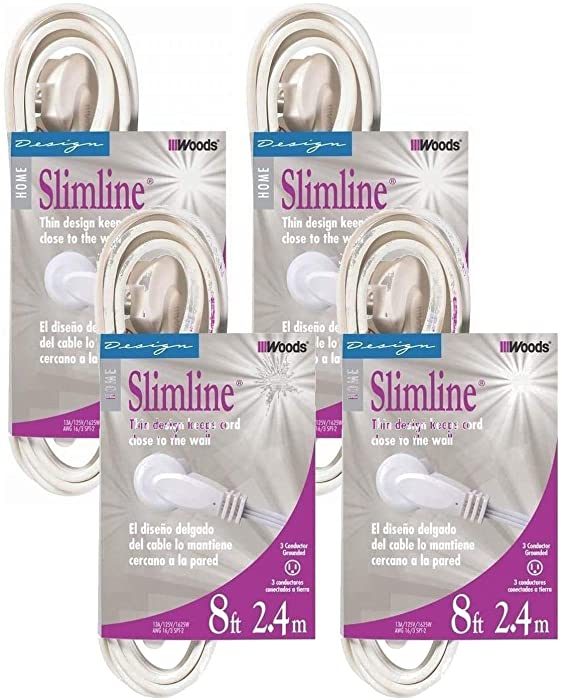 Woods 4-PACK - SlimLine 2241 Flat Plug Extension Cord, 3-Wire, White, 8-Foot