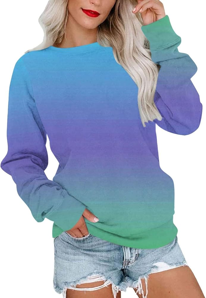 ZunFeo Crew Neck Sweatshirts Women Long Sleeve Pullover Top Gradient Color Hoodies Fleece Trendy Y2k Clothes