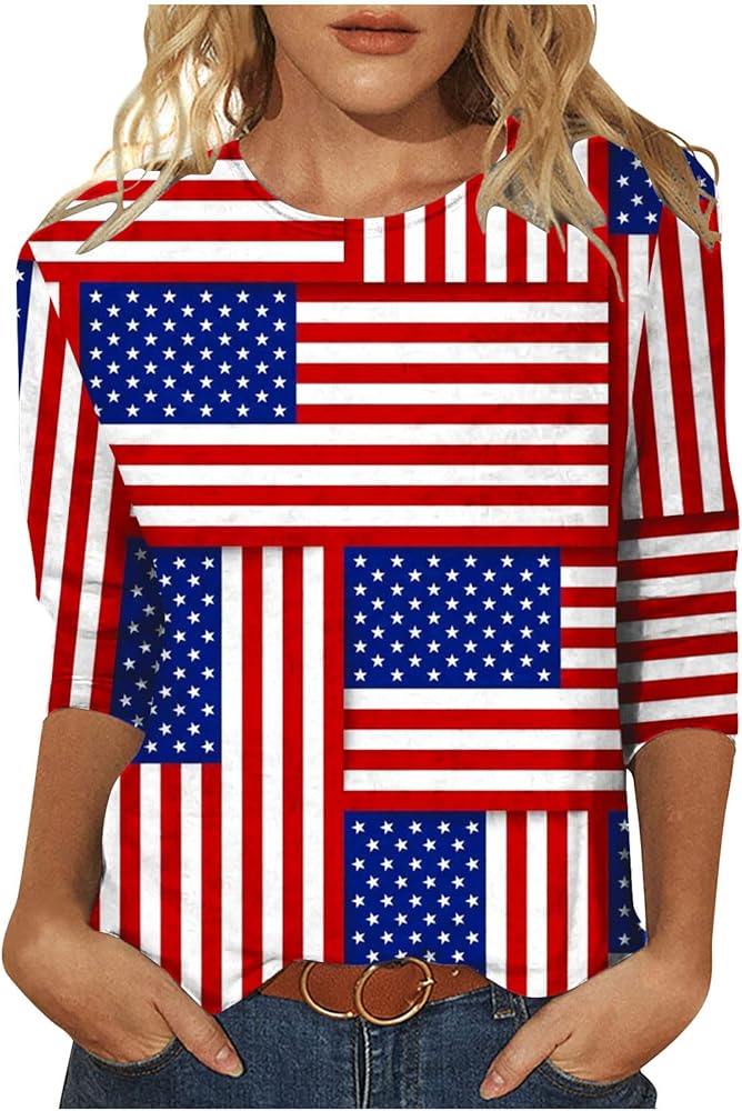 Womens 4th of July Shirt Plus Size 2024 Casual 3/4 Sleeve Stars and Stripes Patriotic Tshirts Crewneck Summer Trendy Clothes