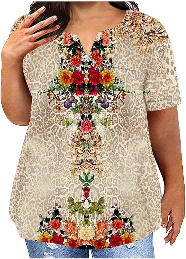 Plus Size Tops for Women Summer Casual Loose V-Neck Shirts Floral Printed Short Sleeve Blouse Loose Comfy Tunics