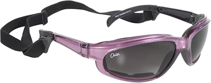 Pacific Coast Chix Freedom Padded Riding Sunglasses with Detachable Strap (Pearl Purple Frame/Grey Fade Lens)
