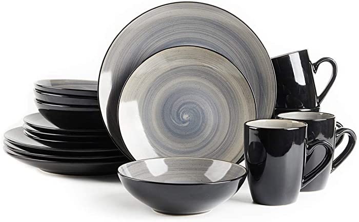 HomeVss, Stoneware Sonoma 16pc Dinnerware Set, Black + Speckled Spin Wash Grey