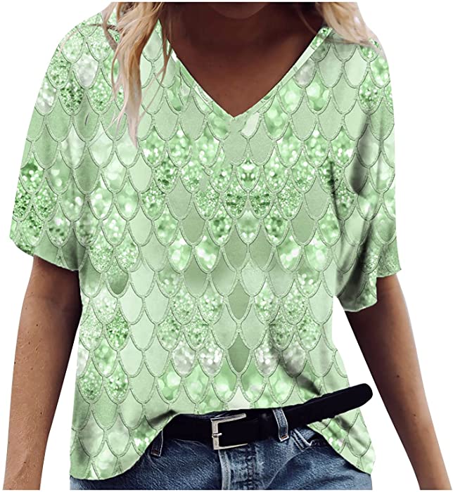SNKSDGM Women's Summer Short Sleeve V Neck T Shirts Casual Floral Print Blouses Tee Shirt Loose Fit Tunic Tops for Women