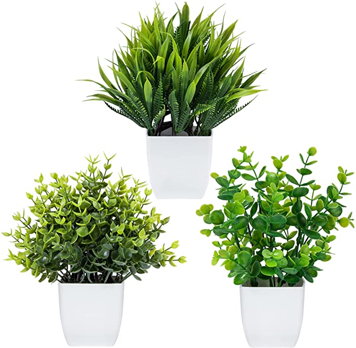 3 Pack Fake Plants in Pots Artificial Eucalyptus Plant Mini Potted Faux Plants Indoor Small Plastic Wheat Grass Shrubs Greenery in Pots for Table Desk Bathroom Bedroom Office Home Decor