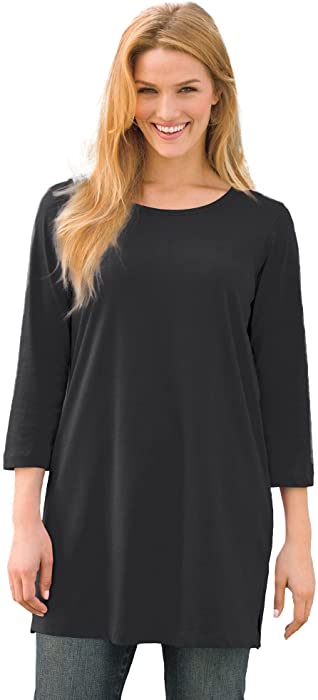 Woman Within Women's Plus Size Perfect Three-Quarter-Sleeve Scoop-Neck Tunic