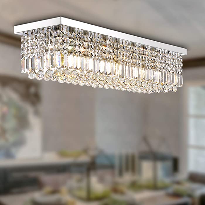 7PM Rectangle Crystal Chandelier Modern Chrome Ceiling Light Contemporary Flush Mount Lighting Fixture for Dining Room Kitchen Island 31.5 Inch