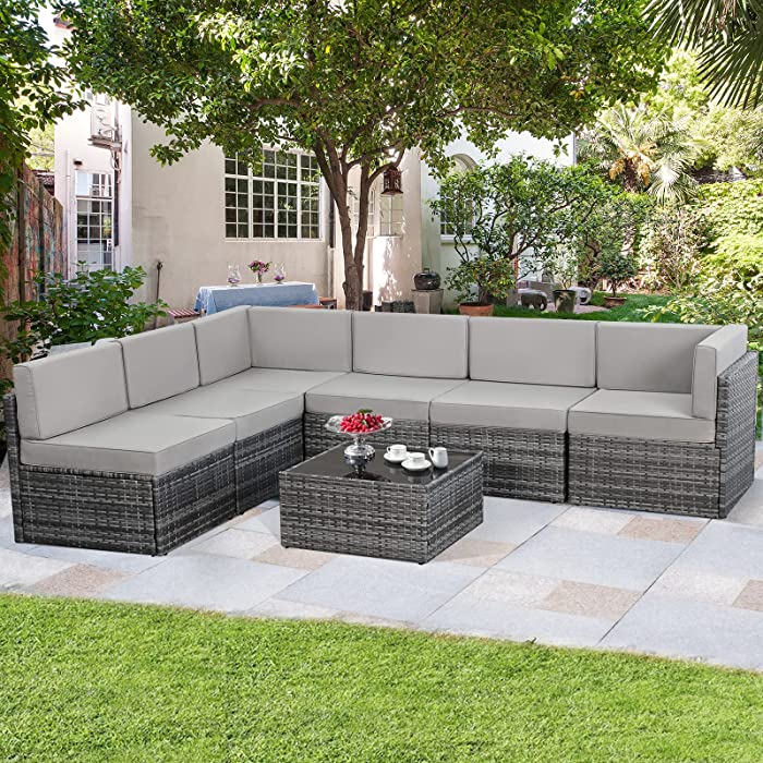 AECOJOY 7 Piece Patio PE Rattan Wicker Sofa Set, Outdoor Sectional Conversation Furniture Chair Set with Cushions and Table,Grey