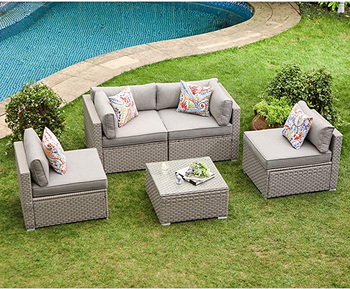 COSIEST 5-Piece Outdoor Furniture Set Warm Gray Wicker Sectional Sofa w Thick Cushions, Glass Coffee Table, 4 Floral Fantasy Pillows for Garden, Pool, Backyard