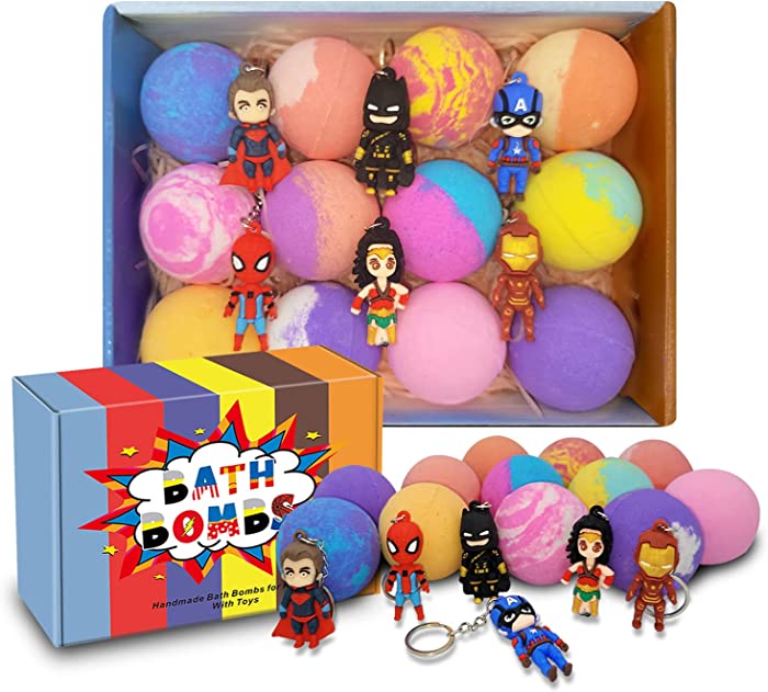 3.5 OZ Bath Bombs Gift Set for Kids Relaxing Organic 12 Colorful Fizzy Bubble with 6 Superhero Toys Keychain Outside of The Bath Bombs Christmas /Birthday Gift for Kids Girls or Boys