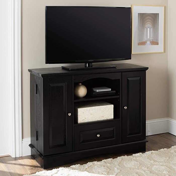 Walker Edison Tall Traditional Wood Universal TV Stand with Cabinet Doors and Open Shelves for TV's up to 48" Living Room Storage Shelves Entertainment Center, 42 Inch, Black