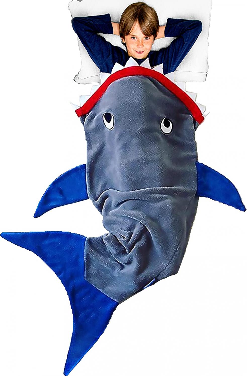 Blankie Tails | Shark Blanket, New Shark Tail Double Sided Super Soft and Cozy Minky Fleece Blanket, Machine Washable Wearable Blanket (56'' H x 27'' (Kids Ages 5-12), Glow in The Dark - Gray & Blue)