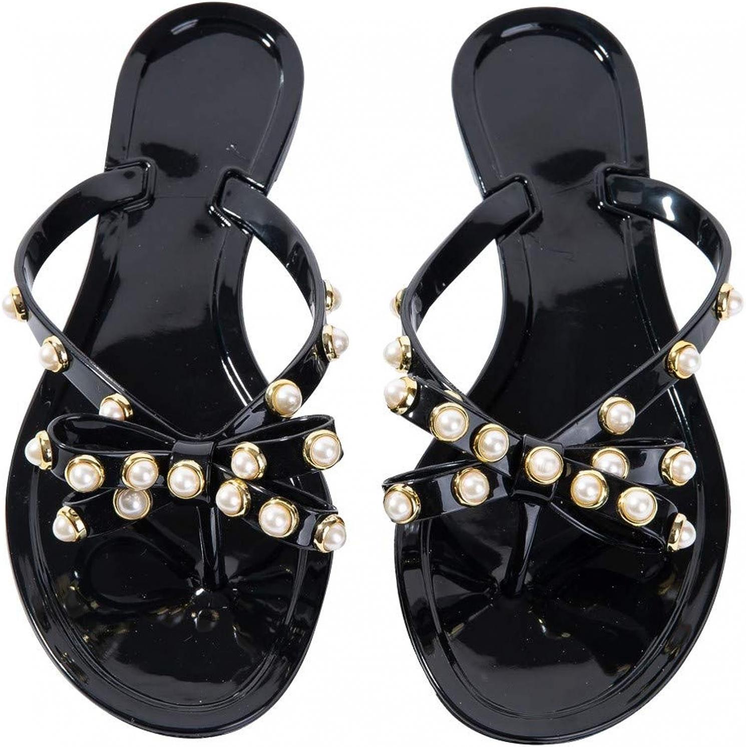 Mtzyoa Women Flip-Flops Flat Sandals Jelly Bow Beach Flat Rivets Rain Cute Dressy Summer Sandals