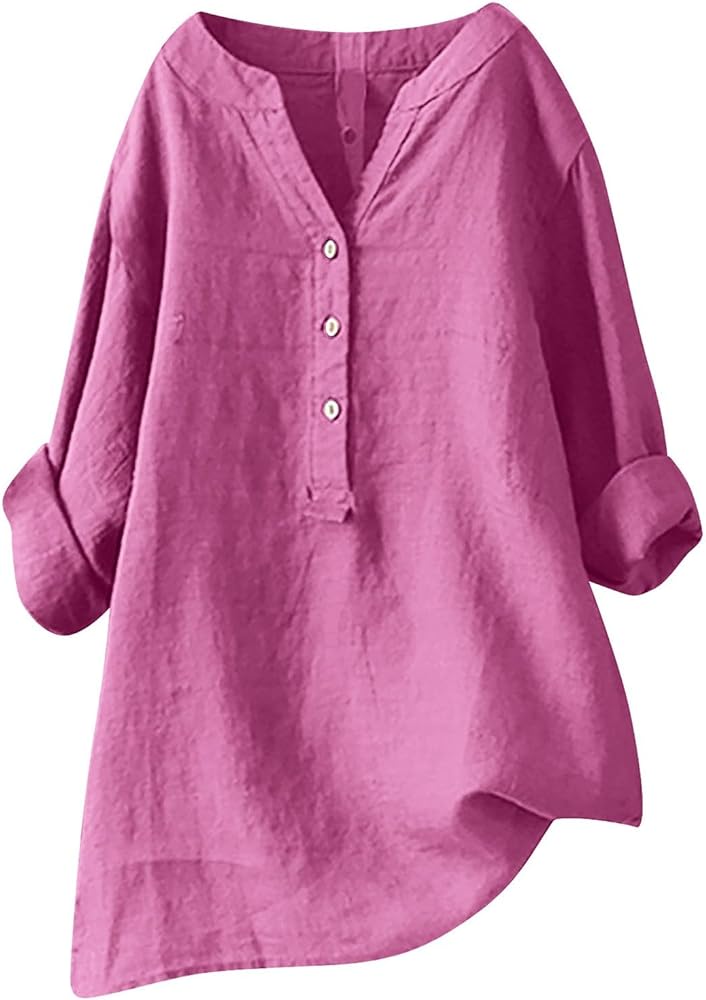 Womens Cotton Linen Shirts Solid Color 3/4 Sleeve Tunic Tops Oversized Tshirts for Women Casual V Neck Dressy Blouses