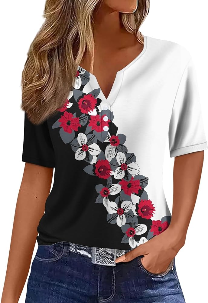 Women Short Sleeve Tops 2024 Summer Casual Pullover Fashion Blouse Tees Button V Neck Printed T Shirt Plus Size