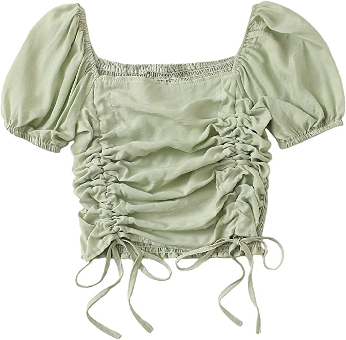 SheIn Women's Short Puff Sleeve Square Neck Crop Top Shirred Drawstring Blouse