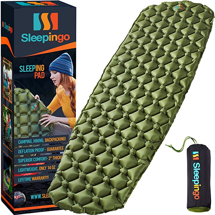 Sleepingo Camping Sleeping Pad (Large) - Ultralight 14 OZ, Best Sleeping Pads for Camping, Backpacking, Hiking - Lightweight, Inflatable & Compact, Camping Air Mattress
