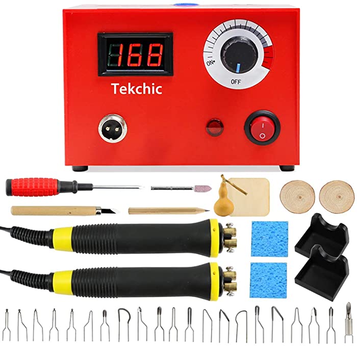 Wood Burning Machine Kit 20 Tips, Dual Pen 110V 50W Pyrography Machine, Digital Temperature Adjustment and Electric Wood Burning Detailer for Wood/Leather/Gourd, Red