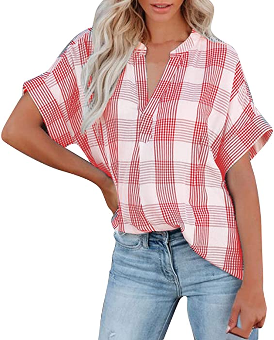 Women's Short Sleeve V-Neck Striped Collared Shirts Casual Blouses Pocket Button Down Shirts Loose Summer T-Shirt Tops