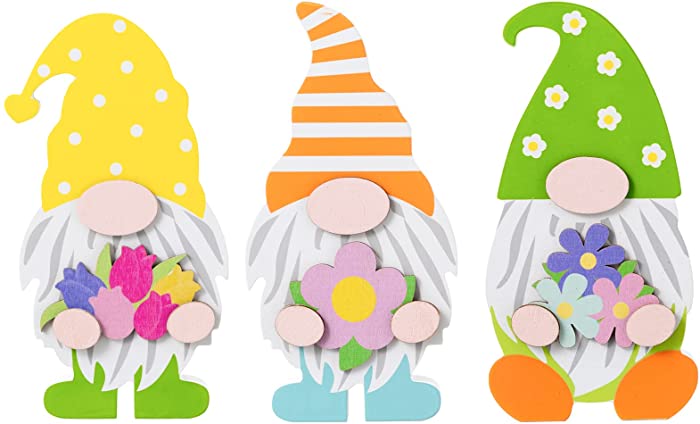 hogardeck Spring Decorations for Home, 3 Pcs Spring Table Decor Wood Sign, Gnome Shaped Block Set with Dot Stripe Tulip Farmhouse Ornaments for Party Mantle Tiered Tray Home Decor