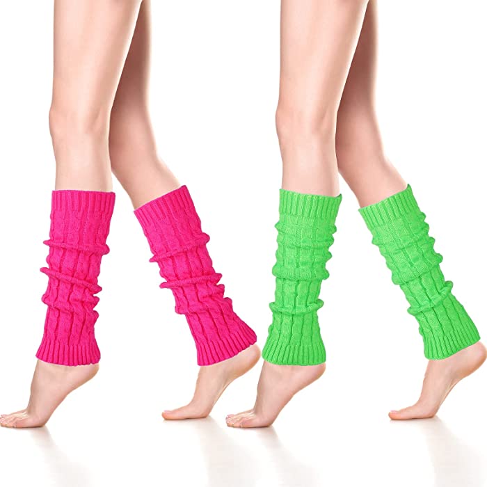 Geyoga 80s Neon Leg Warmers for Women 2 Pairs Thigh High Cable Knit Leg Warmers Knitted Boot Leg Warmers Hot Pink Green Knee Leg Warmers for Women Girls Costume