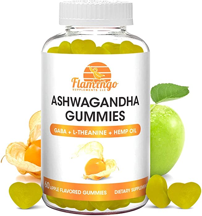 Ashwagandha Gummies with L-Theanine, GABA, and Hemp- Ashawanga Supplement Stress Reducing Calm Gummies for Relaxation - Vegan, Dairy Gluten and Free, Apple Flavored. 60 Count.