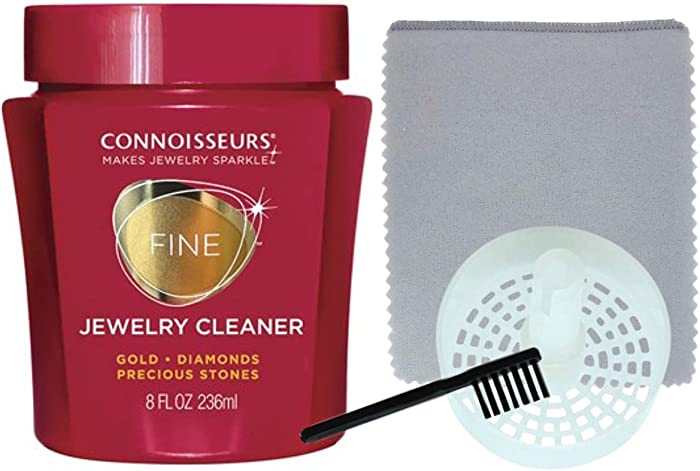 Connoisseurs Jewelry Cleaner for Diamond, Platinum & Precious Stones with Bonus Ultra Soft Polishing Cloth, Basket and Brush (Precious Jewelry Cleaner & Polishing Cloth, Pack of 2)