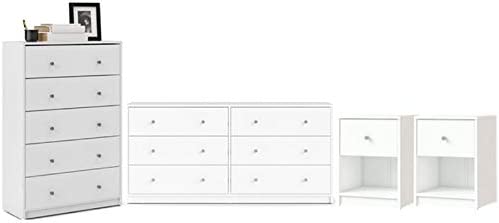 Home Square 4 Piece Bedroom Set with 6-Drawer Double Dresser, 5-Drawer Chest and Two of 1-Drawer Nightstand in White