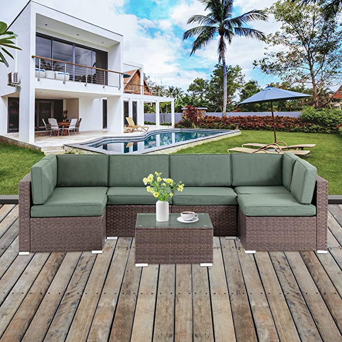 REHOOPEX 7 Piece Patio Furniture Set, PE Rattan Wicker Conversation Sofa Set with Cushions and Tea Table, Outdoor Sectional Furniture Chair Set (Brown)