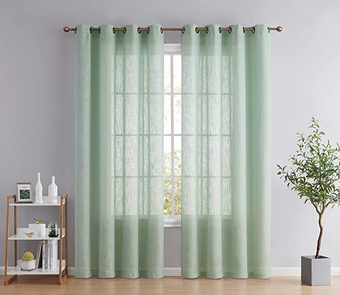 HLC.ME Abbey Faux Linen Textured Semi Sheer Privacy Light Filtering Transparent Window Grommet Floor Length Thick Curtains Drapery Bedroom Panels, 2 Panels (54 W x 84 L, Seafoam Green)