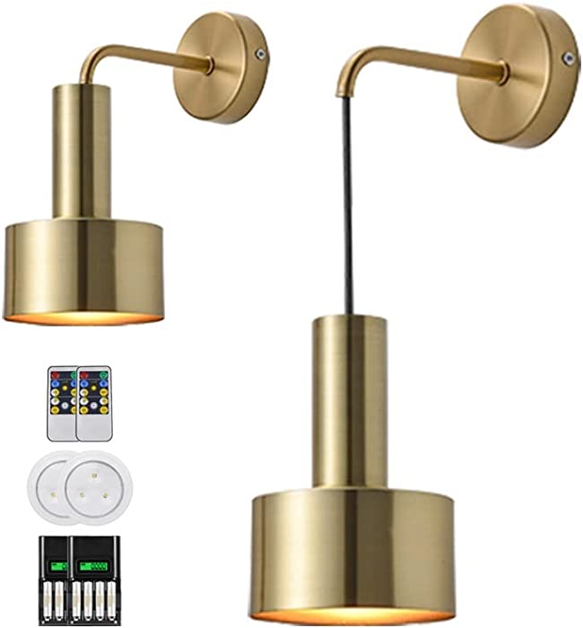 Wall Scones Sets of 2 Battery Operated Wall Lights Wireless Remote Control Mid Century Modern Decor Gold Sconces Wall Lighting Indoor Wall Lamps for Living Room Bathroom Black Vanity Light Fixture