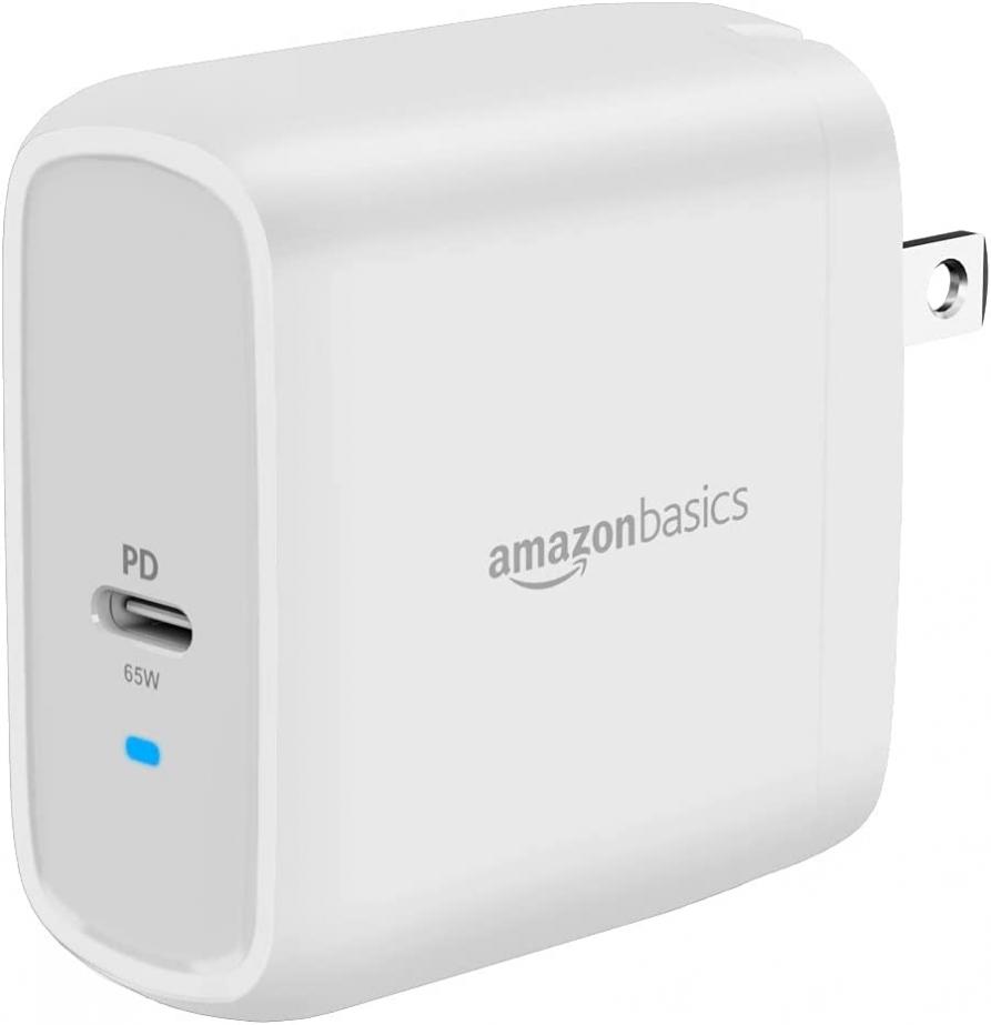 Amazon Basics 65W One-Port GaN USB-C Wall Charger for Laptops, Tablets and Phones with Power Delivery - White (non-PPS)