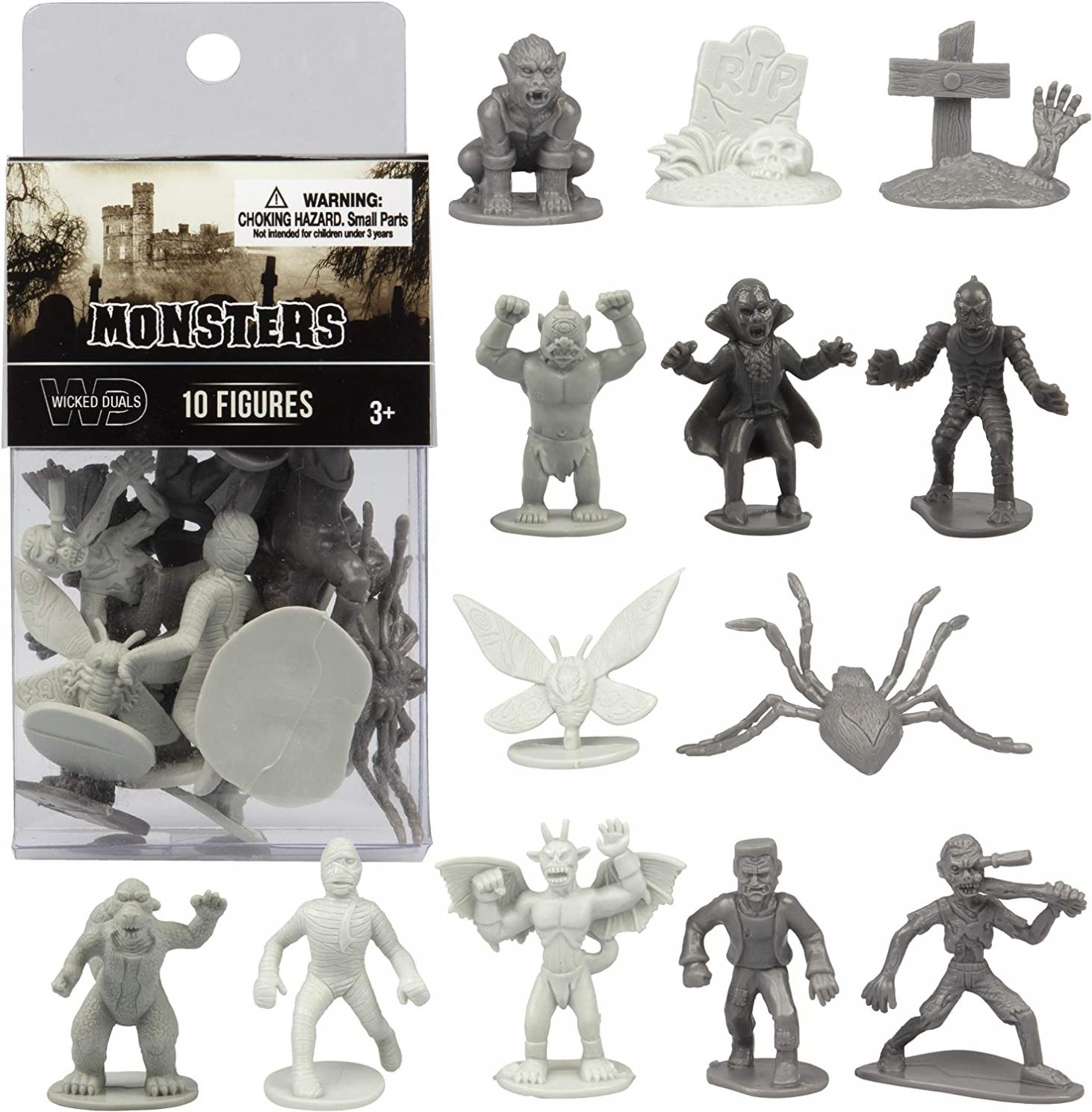 10 Pcs Monster Action Figure Bucket - Horror Toy Figures - from Dracula to Frankenstein to Giant Spiders- Perfect for Cake Toppers, Party Favors, Decorations - Great for Creative and Imaginative Play