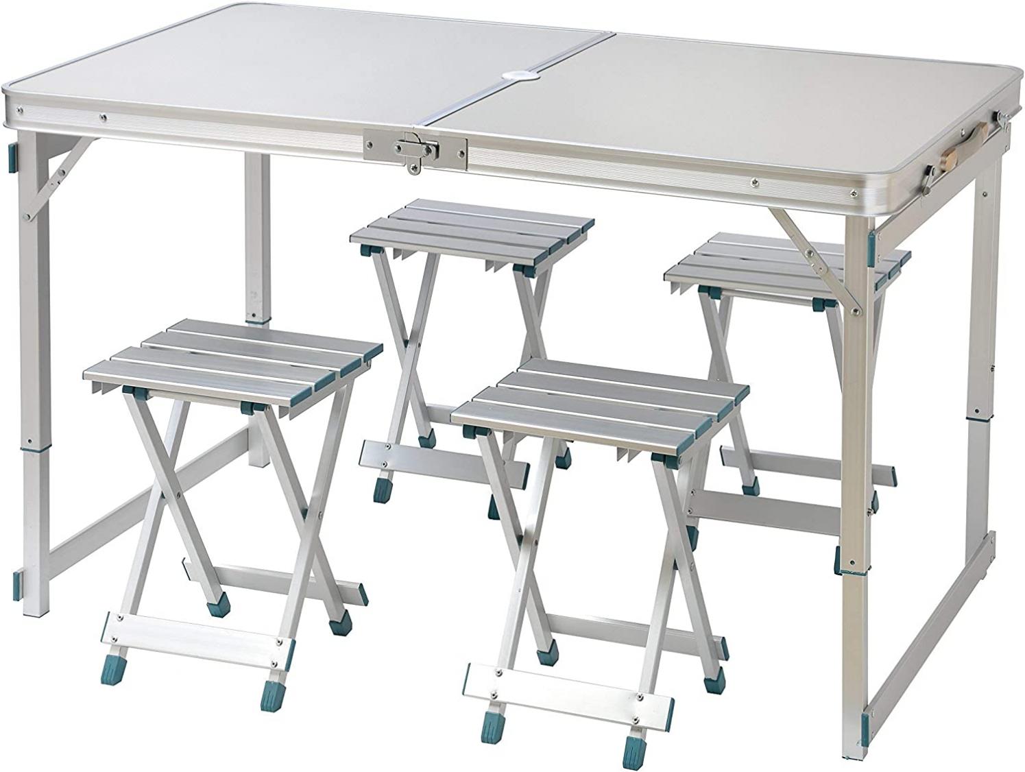 Trademark Innovations 4 Person Aluminum Lightweight Folding Camp Table with 4 Folding Stools