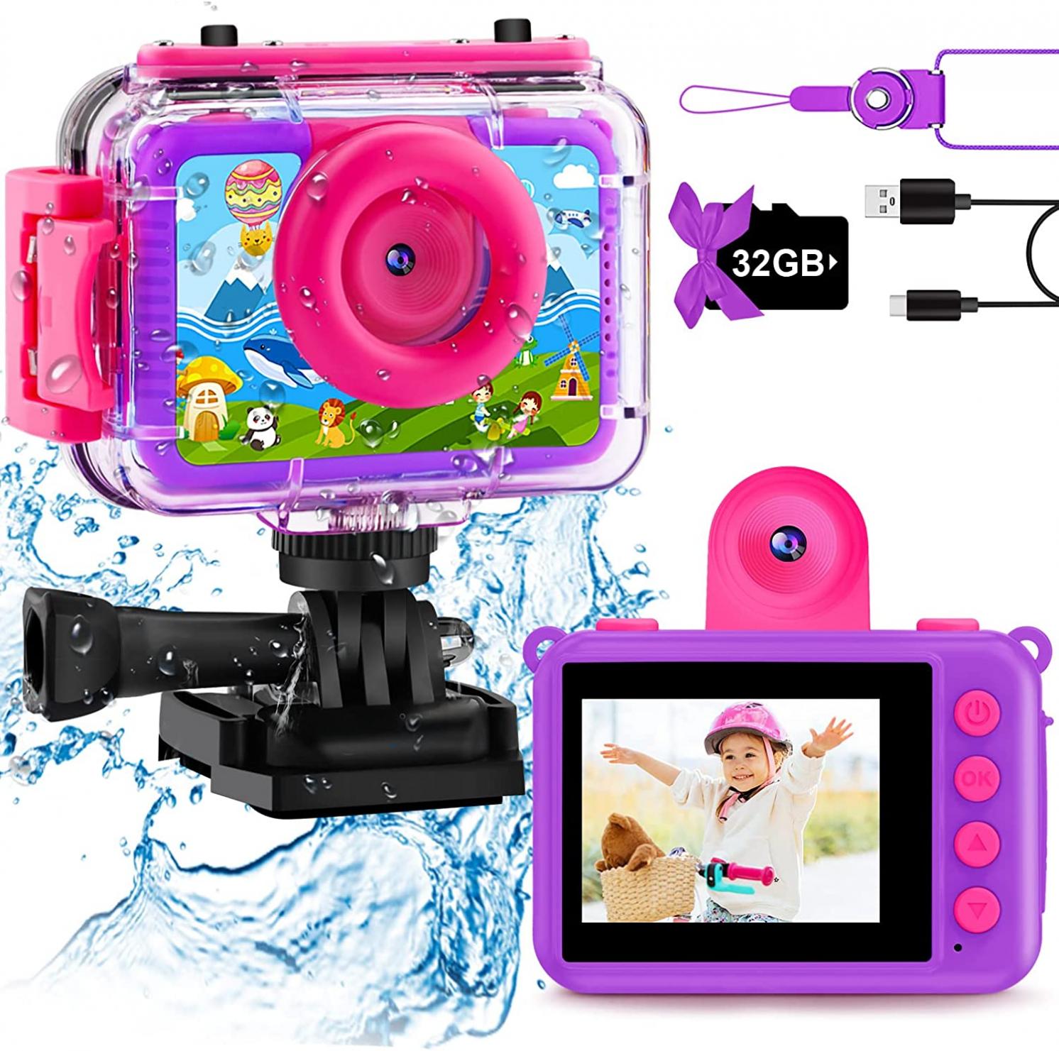 GKTZ Gift for Girls Age 3-14 - Kids Waterproof Camera Digital Video Camera 180 Rotatable 20MP Underwater Camera, Birthday Gift for Girls 4 5 6 7 8 9 Years Old with 32G Card