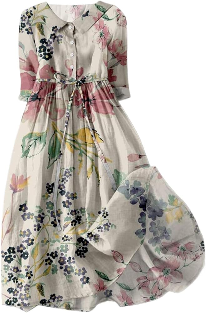Boho Dresses for Women 2024 Summer Floral Casual Button Lapel Dress Plus Size Short Sleeve Loose Beach Sundresses