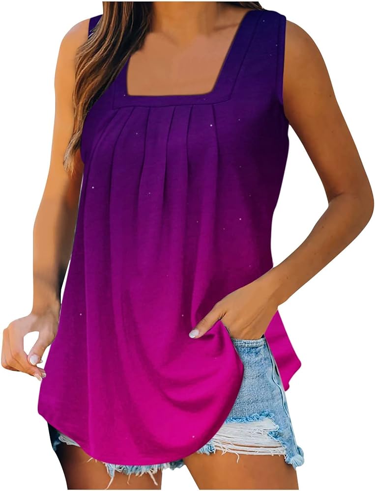 Ceboyel Womens Gradient Summer Tank Tops Pleated Square Neck Shirts Casual Camisole Tunic Trendy Beach Vacation Outfits 2023