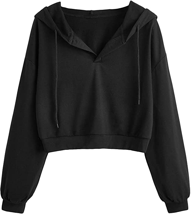 Verdusa Women's Long Sleeve Drop Shoulder Drawstring Crop Hoodie Sweatshirt