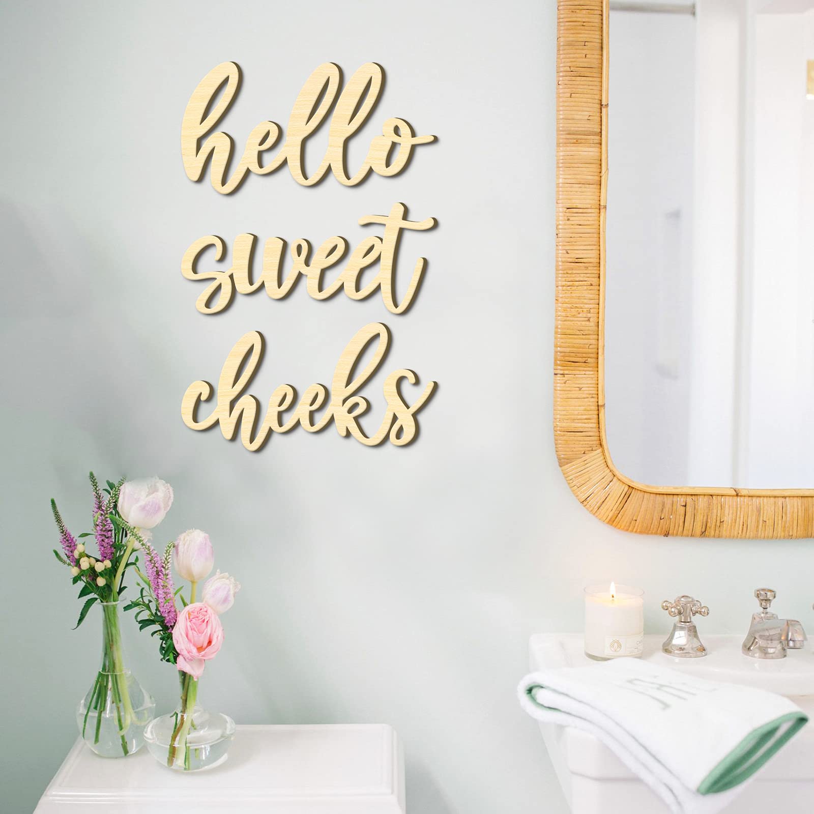 Hello Sweet Cheeks Bathroom Sign Funny Bathroom Wall Sign Cute Bathroom Decor Rustic Farmhouse Home Bathroom Decor Housewarming Gift Idea (Wood color)